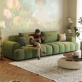 Cozy Living Room Interior With Green Sofa Floral Projected Wall Floor Lamp And Wooden Floor