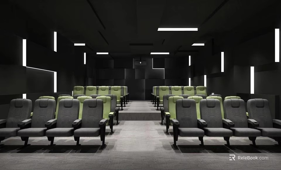 Modern Cinema Interior Design With Gray Green Seats And Ceiling Lighting 3d model 