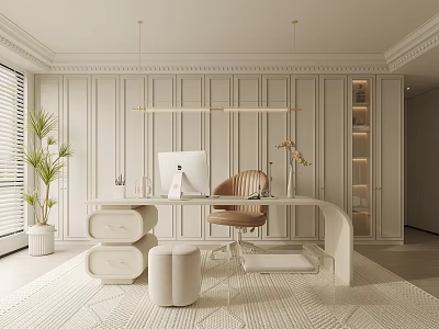 Modern Study Room Interior With White Desk Computer Chair Built In Shelves And Potted Plant 3d model