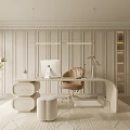 Modern Study Room Interior With White Desk Computer Chair Built In Shelves And Potted Plant