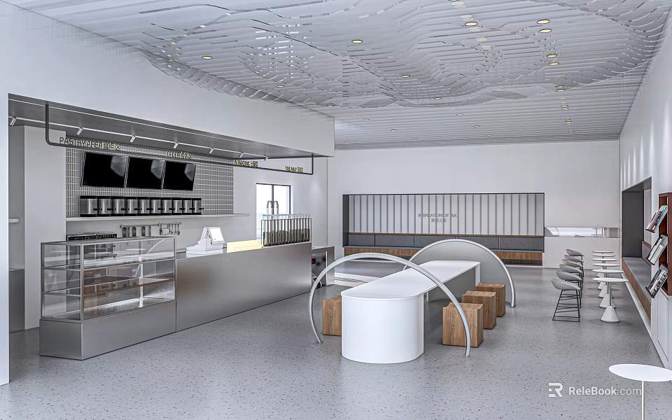 Modern Milk Tea Shop Interior With Stylish Counter Cozy Seating And Bright Lighting 3d model 