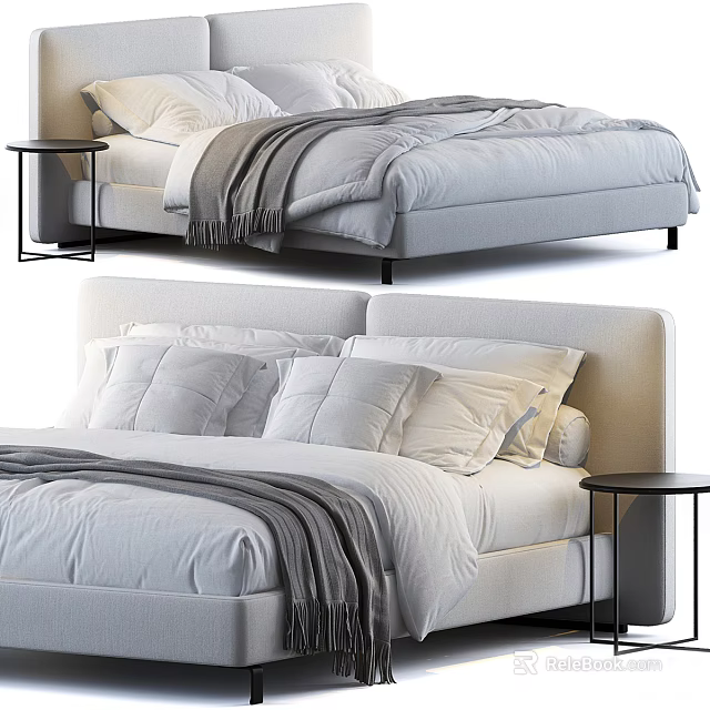 Modern Double Bed With Soft Pillows Blanket And Wooden Nightstand 3d model 