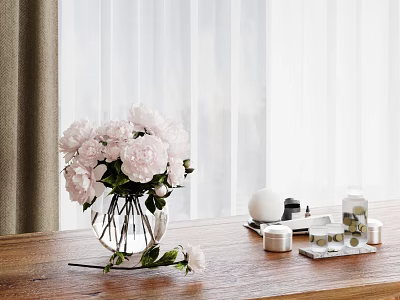 Elegant Vase with Pink Peonies on Wooden Table White Curtains Background 3d model