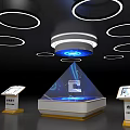 Tech Exhibition Setup Featuring Pyramid Shaped Holographic Display Control Panels And Circular Ceiling Lights 3d model