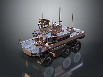Tactical Six Wheel Utility Vehicle With Roof Mounted Antennas And Metallic Exterior 3d model