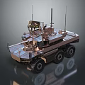 Tactical Six Wheel Utility Vehicle With Roof Mounted Antennas And Metallic Exterior