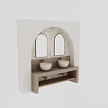 Double Basin Stone Washbasin Vanity With Round Mirrors And Stone Wall Decor