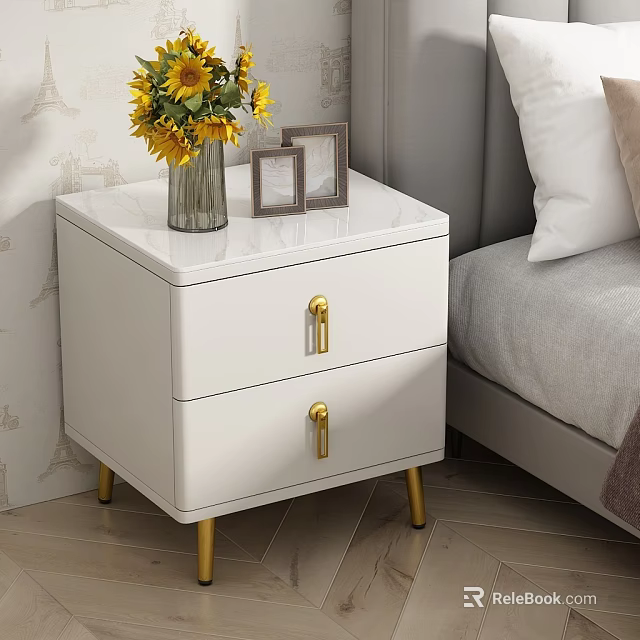 White Two Drawer Nightstand With Gold Handles Legs Vase Yellow Flowers And Photo Frames 3d model 