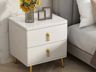 White Two Drawer Nightstand With Gold Handles Legs Vase Yellow Flowers And Photo Frames 3d model
