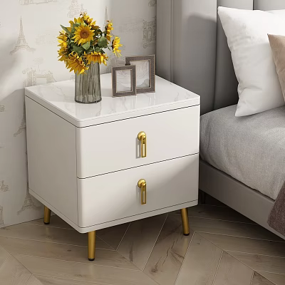 White Two Drawer Nightstand With Gold Handles Legs Vase Yellow Flowers And Photo Frames 3d model