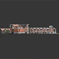 Detailed Cartoon Scene with Red Brick Buildings Various Roofs and Small Trees