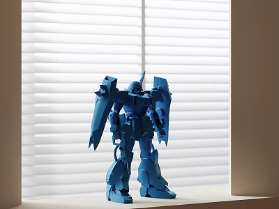 Blue Robot Sculpture Displayed on Windowsill with White Blinds Background 3d model