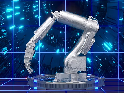 Futuristic Robotic Arm Tech Photo Check In Spot With Blue Grid Background 3d model