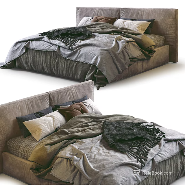 Double Bed Interior With Soft Fabric Headboard Bedding Blanket And Pillows 3d model 