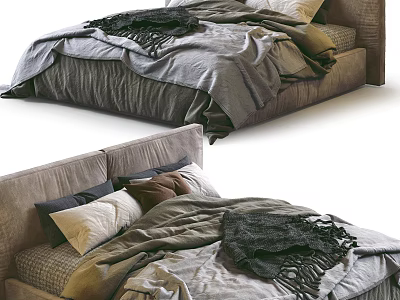 Double Bed Interior With Soft Fabric Headboard Bedding Blanket And Pillows 3d model