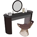 Modern Brown Dressing Table With Round Mirror Stylish Chair And Skincare Bottles