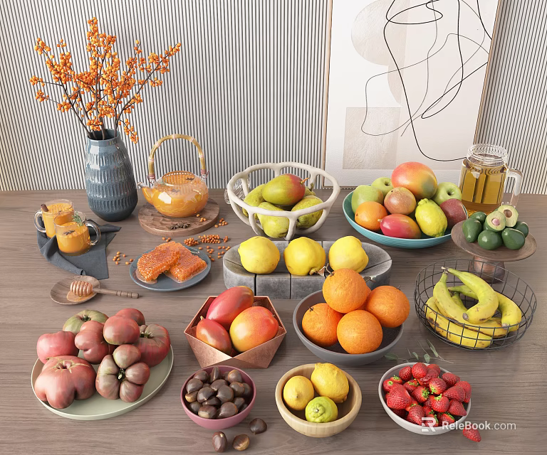 Elegantly Arranged Fresh Fruits with Apples Oranges Bananas Strawberries and Avocados on Kitchen Counter 3d model 