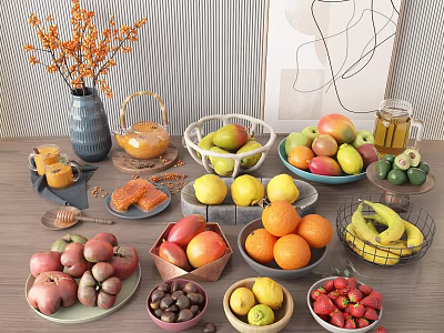 Elegantly Arranged Fresh Fruits with Apples Oranges Bananas Strawberries and Avocados on Kitchen Counter 3d model