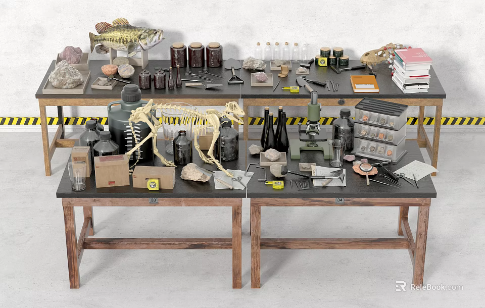 Industrial Equipment Display With Microscopes Test Tubes Skeleton Models And Lab Tools 3d model 