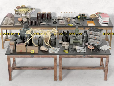 Industrial Equipment Display With Microscopes Test Tubes Skeleton Models And Lab Tools 3d model