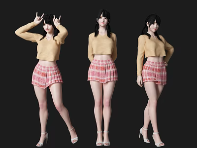 Three Women Wearing Yellow Crop Tops Red Plaid Skirts and High Heels in Various Poses 3d model