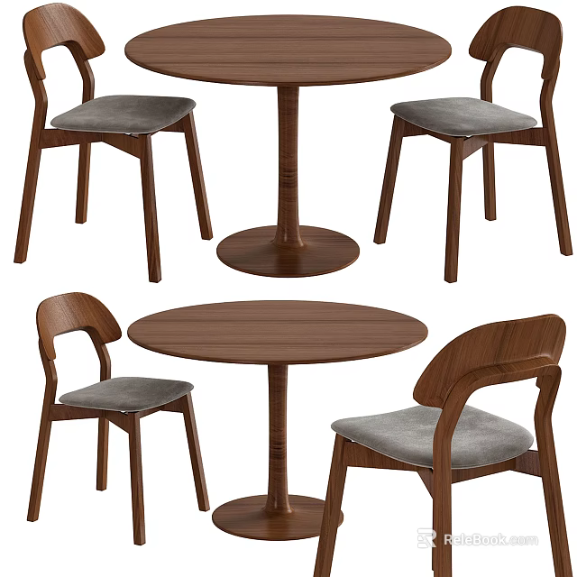 Modern Wooden Round Dining Table Set With Four Grey Padded Chairs 3d model 