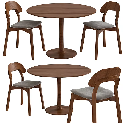 Modern Wooden Round Dining Table Set With Four Grey Padded Chairs 3d model