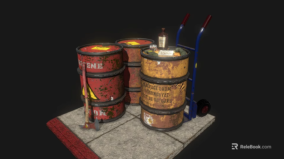 Household Supplies On Stone Slab With Red Yellow Oil Drums Blue Hand Truck And Axe 3d model 