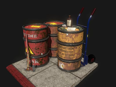 Household Supplies On Stone Slab With Red Yellow Oil Drums Blue Hand Truck And Axe 3d model