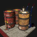 Household Supplies On Stone Slab With Red Yellow Oil Drums Blue Hand Truck And Axe