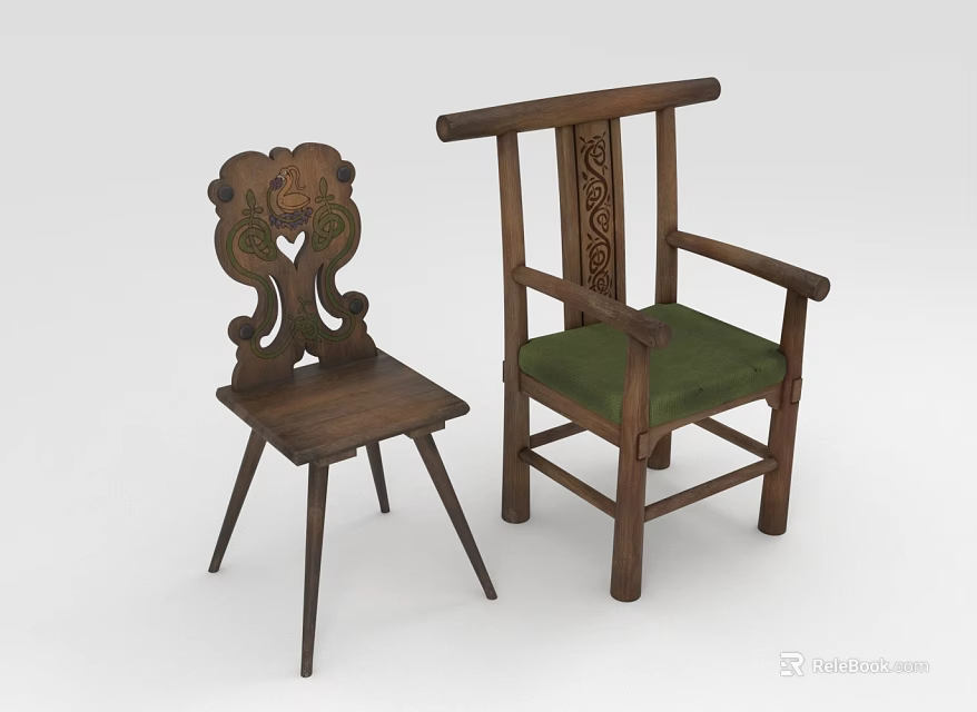 Wooden Leisure Chairs With Carved Details And Green Padded Seat Armrests Design 3d model 
