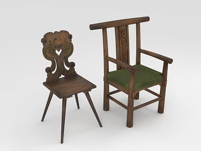 Wooden Leisure Chairs With Carved Details And Green Padded Seat Armrests Design 3d model