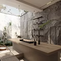 Modern Living Room Design With Large Screen TV Curved Sofa Marble Countertop And Circular Light