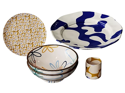 Colorful Floral Dinnerware Set with Round Plates Octagonal Tray Stacked Bowls and Cup 3d model