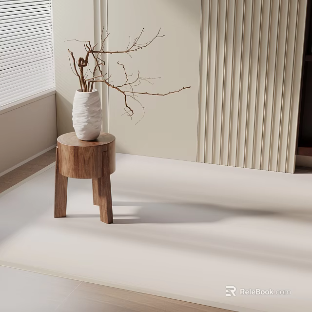 Wooden Side Table with White Vase and Dried Branches in Minimalist Room 3d model 