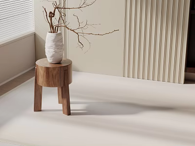 Wooden Side Table with White Vase and Dried Branches in Minimalist Room 3d model