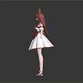 Child with Red Hair and Rabbit Ears Wearing Red and White Dress and Red Shoes