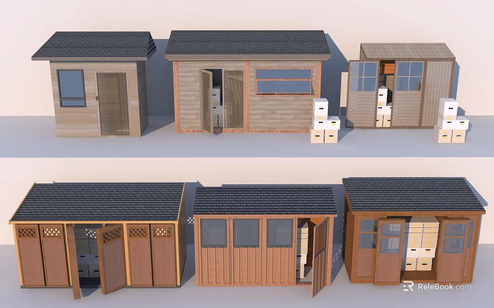 Wooden Garden Storage Sheds With Different Door Window Designs Roof Styles And Stacked Boxes 3d model 