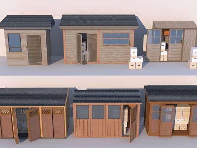 Wooden Garden Storage Sheds With Different Door Window Designs Roof Styles And Stacked Boxes 3d model