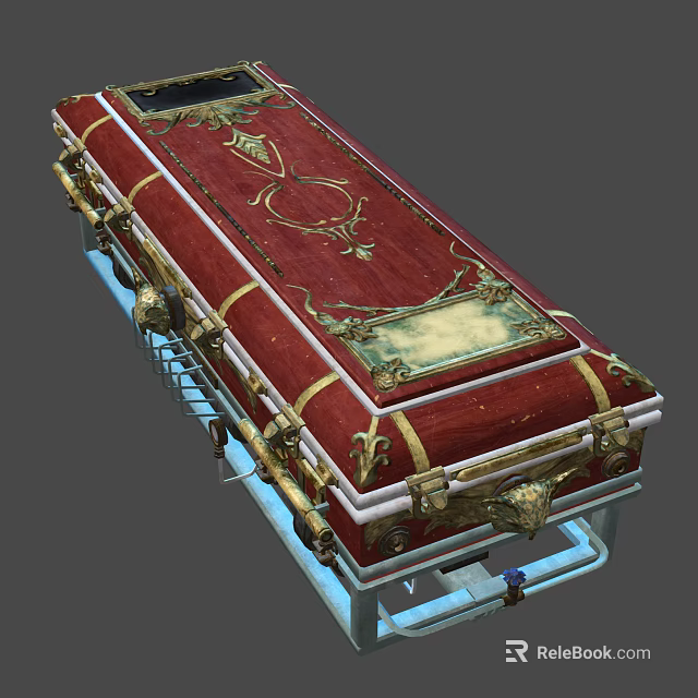Ornate Red Wooden Coffin With Golden Carvings And Intricate Details 3d model 