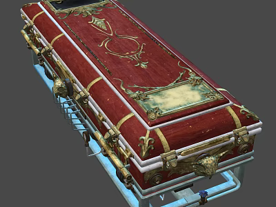 Ornate Red Wooden Coffin With Golden Carvings And Intricate Details 3d model