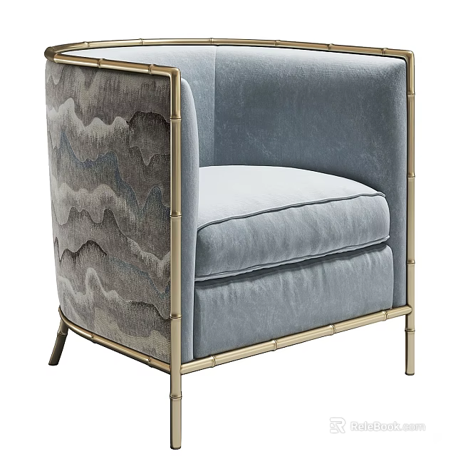 Light Blue Velvet Single Sofa With Gold Metal Frame And Wavy Pattern Backrest Design 3d model