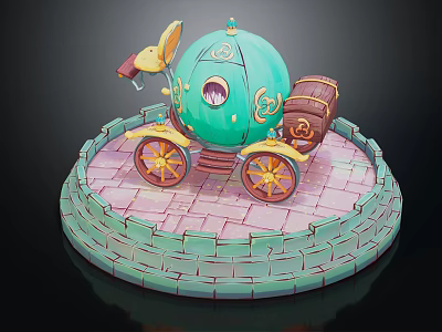 Smart Machine Featuring Green Pumpkin Shaped Carriage With Wheels Wooden Barrel And Stone Wall Base 3d model
