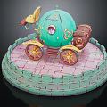 Smart Machine Featuring Green Pumpkin Shaped Carriage With Wheels Wooden Barrel And Stone Wall Base