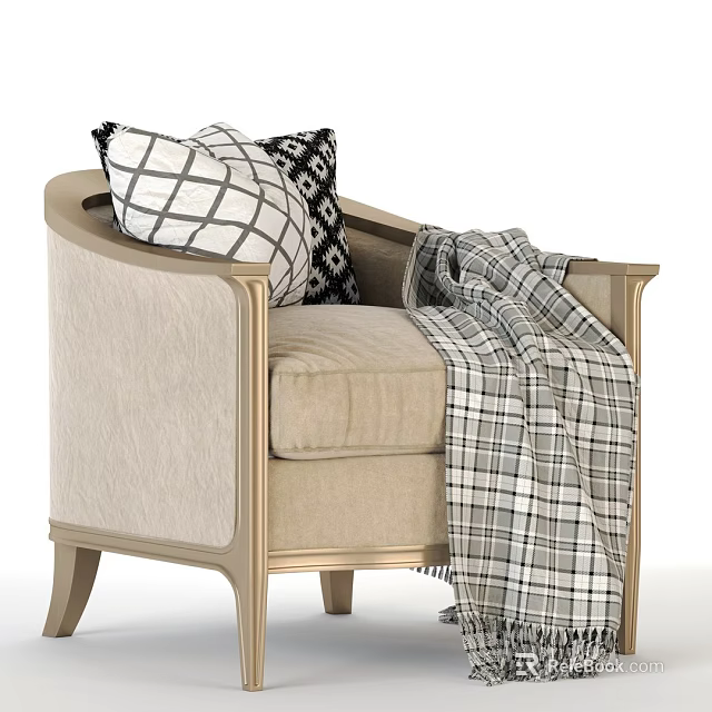 Beige Single Sofa with Gold Frame Plaid Pillows and Plaid Blanket on Armrest 3d model 