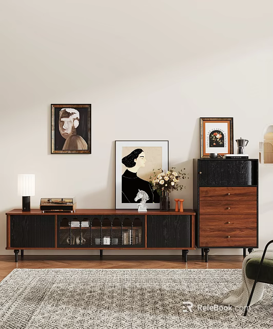 Modern Wooden TV Stand With Framed Paintings Flower Vase And Chest Of Drawers 3d model 