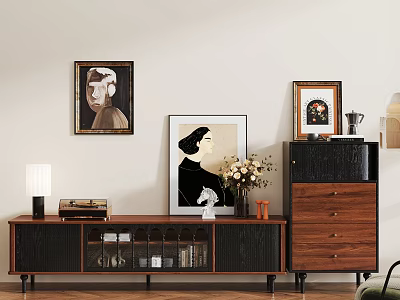 Modern Wooden TV Stand With Framed Paintings Flower Vase And Chest Of Drawers 3d model