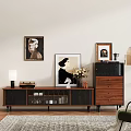 Modern Wooden TV Stand With Framed Paintings Flower Vase And Chest Of Drawers