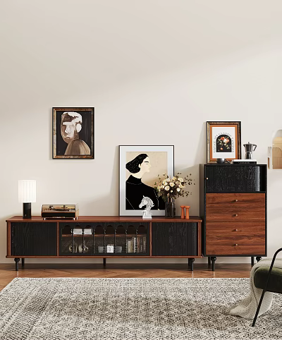 Modern Wooden TV Stand With Framed Paintings Flower Vase And Chest Of Drawers 3d model