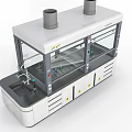 Modern Laboratory Fume Hood Setup With Chemical Bottles Faucet Drawers Cabinets and Warning Signs